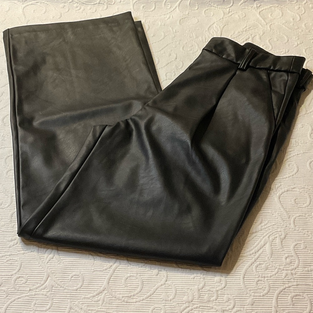 H&M Wide Leg Faux Leather Pants in Black.